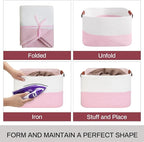 Large Cotton Rope Storage Basket with Leather Handles, Laundry Hamper Basket, 20 "L x 14" W x 12 "H, Durable & Stylish Organizer for Home.(Large Pink)