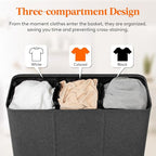 Lifewit Triple Laundry Hamper with Lid and Removable Laundry Bags, Large Collapsible 3 Dividers Dirty Clothes Basket with Handles for Bedroom, Laundry Room, Closet, Bathroom, College, 180L Dark Gray