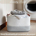 Large Cotton Rope Storage Basket with Leather Handles, Laundry Hamper Basket, 20 "L x 14" W x 12 "H, Durable & Stylish Organizer for Home.(Large Light Gray )
