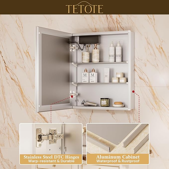 TETOTE 30 x 26 LED Lighted Medicine Cabinet with Mirror with Adjustable Shelves, Silver Aluminum Cabinet, Anti-Fog Stepless Dimmable 3 Colors White/Warm/Natural, Easy to Install(Wall Mount/Recessed)