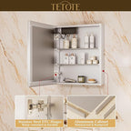 TETOTE 30 x 26 LED Lighted Medicine Cabinet with Mirror with Adjustable Shelves, Silver Aluminum Cabinet, Anti-Fog Stepless Dimmable 3 Colors White/Warm/Natural, Easy to Install(Wall Mount/Recessed)