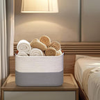 Small Cotton Rope Storage Basket with Leather Handles, 15 "L x 11.5" W x 7.5 "H, Home Decor Basket, Durable & Stylish Organizer for Home.(Small Gray)