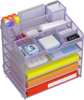 Docnest 5 Tier Mesh Desk Organizer for Paper Office Supplies – Multi-Functional Letter Tray with 5 Adjustable Compartments, 3 Pen Holders, Desktop Storage for Files, Mail, Stationery – Purple
