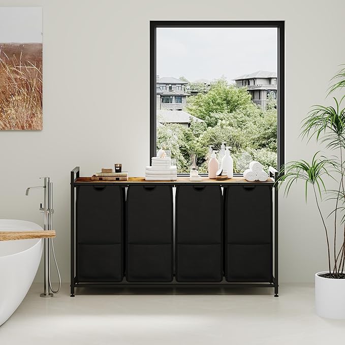 47-Inch Wide Laundry Sorter, 4 Section Hamper Basket Organizer with 100lbs Wood Top, Black Iron Frame, 30lbs Capacity Pull-Out Fabric Bags, Clothes Organizers and Storage