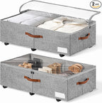 60L Large Under Bed Storage with Wheels Pack of 2, Underbed Shoe Container Bin with Clear Lid Cover, 10.5 Inches Rolling Under Bed Drawer Storage Bag Basket for Boots Quilt Sweater - Grey