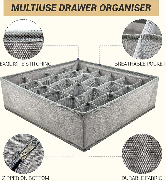 PINGMIC Gray Sock Organizer Divider 2 Pack - 24 Cell Foldable Closet Storage, Tie Organizer For Men Boxes for Socks, Ties, Belts