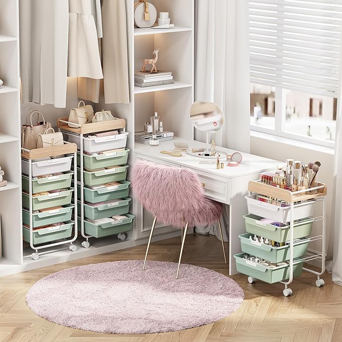 Utility Cart with Drawers,Craft Cart with 5 Drawers,Art Supply Organizer,Rolling Drawer Cart,Craft Storage Cart,Storage Drawer Carts With DIY Lable and Wooden Tabletop Area,Green