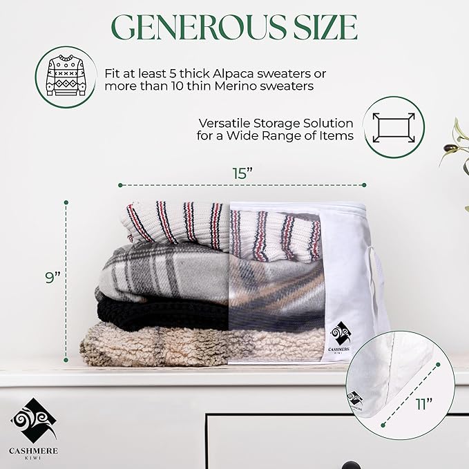 Sweater Storage for Closet – 2 Large Cotton Garment Bags, 30 Cedar Rings, & Mesh Window for Cashmere Sweaters – Wool & Cotton Sweater Organizer by Cashmere Kiwi, 15 x 11 x 9 In