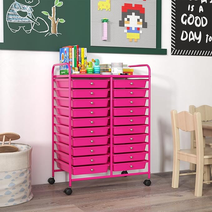 GOFLAME 20-Drawer Rolling Storage Cart, Multifunctional Art Craft Organizer Cart, Mobile Utility Storage Cart with Removable Drawers & Lockable Wheels, Craft Cart for Home Office, Hot Pink