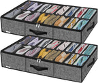 Onlyeasy Sturdy Under Bed Shoe Storage Solution Organizer For Closet Fit 16x2 Pairs, Underbed Shoes Container Bags with Reinforced Handles, Breathable, Linen-like Black, MXAUBS16P2