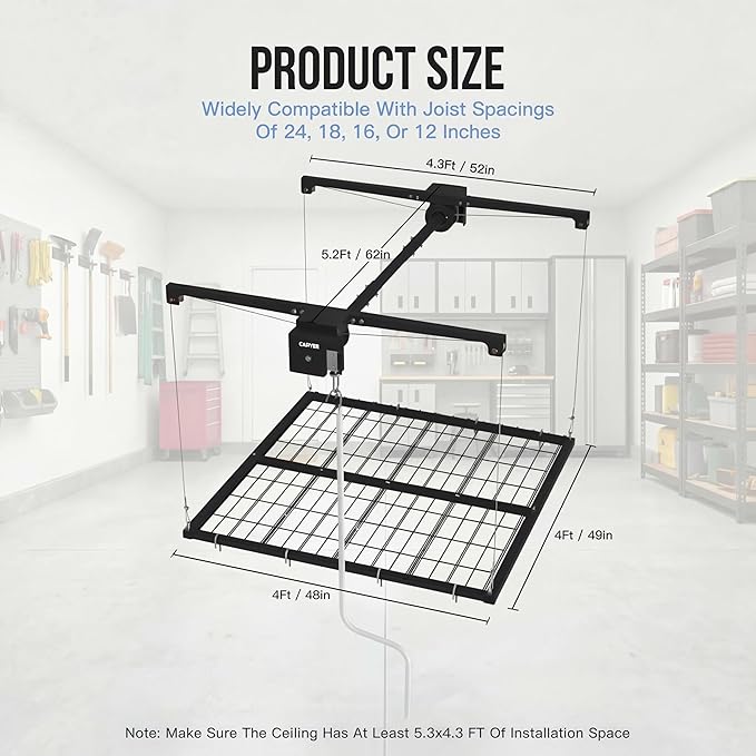 4x4 ft Overhead Garage Storage Rack, Adjustable Heavy Duty Hanging Garage Ceiling Storage Rack System, 300 Lbs Weight Capacity