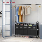 Tajsoon Laundry Sorter with Hanging Rack, 5 Sections Laundry Sorter with Lockable Wheels and Removable Bag, Removable Basket Organizer for Bedroom, Bathroom, Black