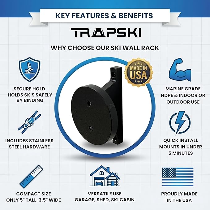 TRAPSKI Wall Ski Racks for Garage or Shed | HDPE Marine Grade Plastic | Indoor/Outdoor Use