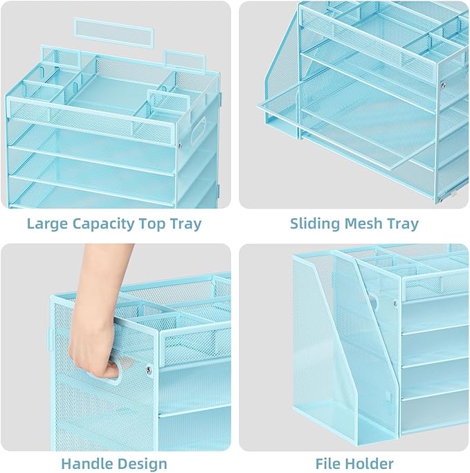 Marbrasse 5-Tier Desk Organizer with File Holder,Paper Letter Tray Organizer,Desktop File Organizer with Adjustable Compartments,Mesh Desk Organizers and Accessories for Office Supplies,Blue