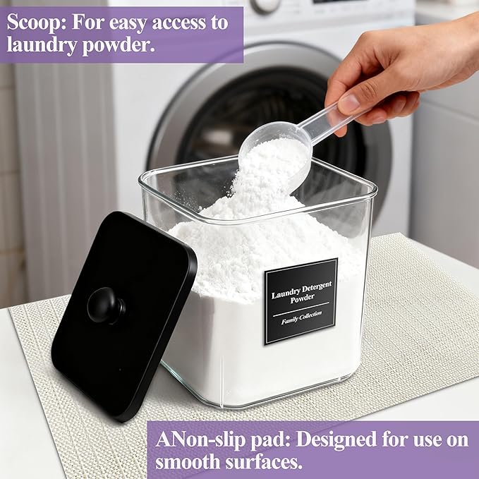 4 Pack Laundry Pods Container with Anti-slip mat, Clear Dryer Sheet Holder, Laundry Room Organization Containers with Black Wooden Lids & Labels, Laundry Detergent Holder for Scent Booster