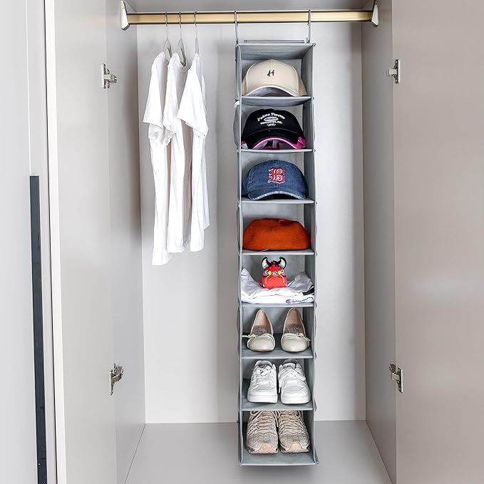 Hanging Shoe Organizer for Closet with Side Mesh Pockets，Hat Racks for Baseball Caps，Shoe and Hat Holder & Storage，8-Shelf，Gray，1 Pack