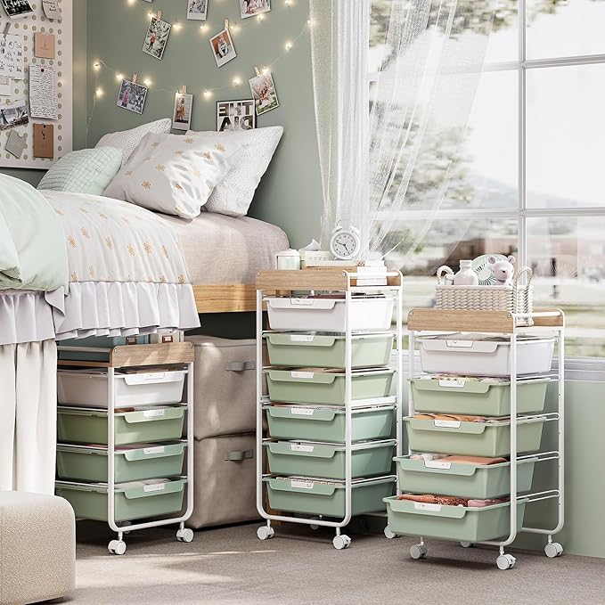 Utility Cart with Drawers,Craft Cart with 5 Drawers,Art Supply Organizer,Rolling Drawer Cart,Craft Storage Cart,Storage Drawer Carts With DIY Lable and Wooden Tabletop Area,Green