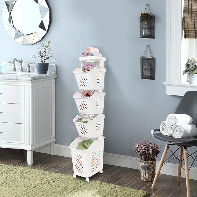 3/4 Tier Rolling Laundry Baskets Cart With Wheels,Narrow Laundry Hamper Sorter for Clothes, Towels, Plastic Clothes Storage Hamper,for Kitchens, Laundry Rooms,Bedrooms (White-4)