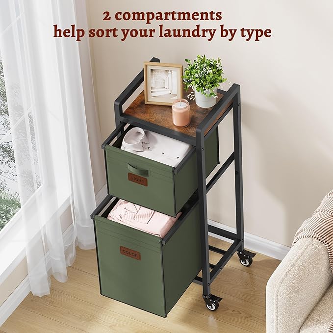 FAVOOSTY Laundry Hamper with Shelf, 70L Laundry Basket Organizer, Laundry Hamper with Shelf, 2 Section Laundry Sorter for Laundry Room Organization (Green)