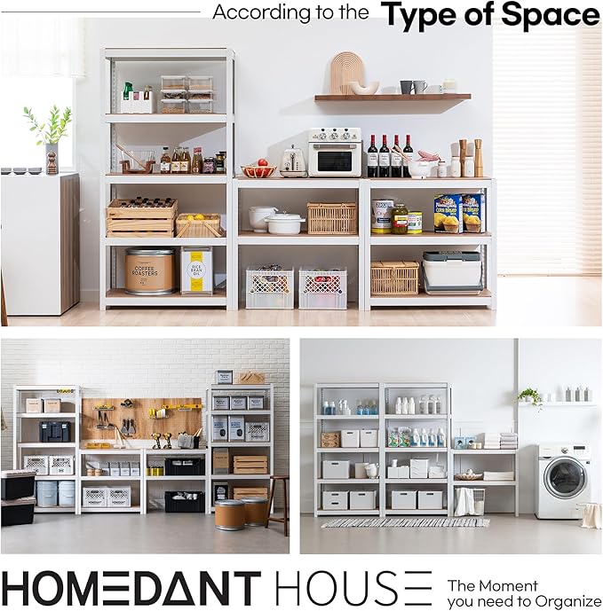 HOMEDANT House 5 Tier Heavy Duty Garage Shelving Adjustable Metal Rack Storage Shelves Standing Shelf Unit Organizers Pantry Closet Office (1, White, 48.1" W x 16.5" D)