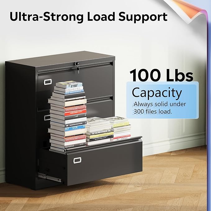 DEVAISE 3 Drawer File Cabinet, Metal Lateral Filing Cabinet with Lock for Letter/Legal/F4/A4 Size, Wide Organization Storage Cabinet for Home Office School (Black, Assembly Required)