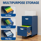 2 Drawer File Cabinet with Lock, Small Rolling Filing Cabinet for Home Office, Metal Mobile File Cabinets on Wheels, Blue Office Cabinets for Letter Size Folders - Assembly Required