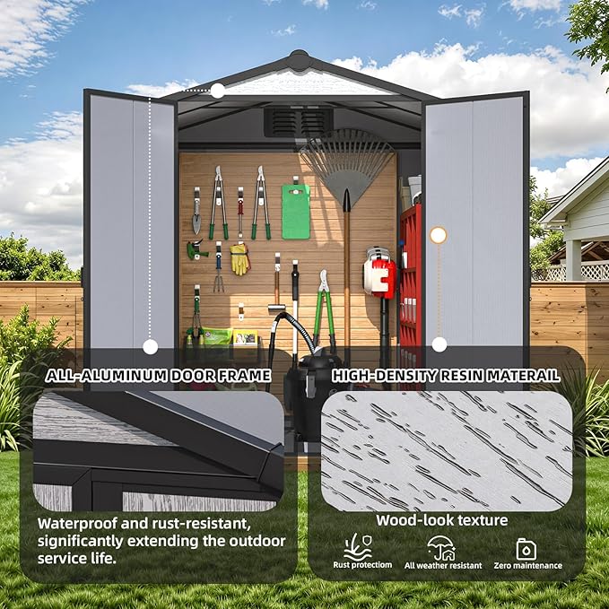 MELLCOM 6x4 FT Resin Garden Storage Shed with Windows and Lockable Door, Outdoor Storage Tool Shed with Floor, Resin Outdoor Shed for Bike, Garbage Can, Lawnmower