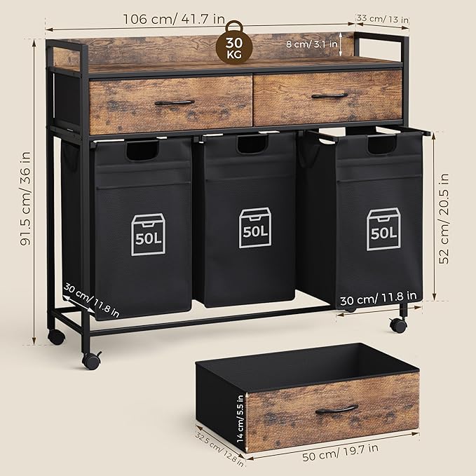 Laundry Sorter with 2 Drawers, 150L with Pull-Out Removable Laundry Bags, Laundry Hamper Baskets with 3 Section and Wheels, Rustic Brown and Black