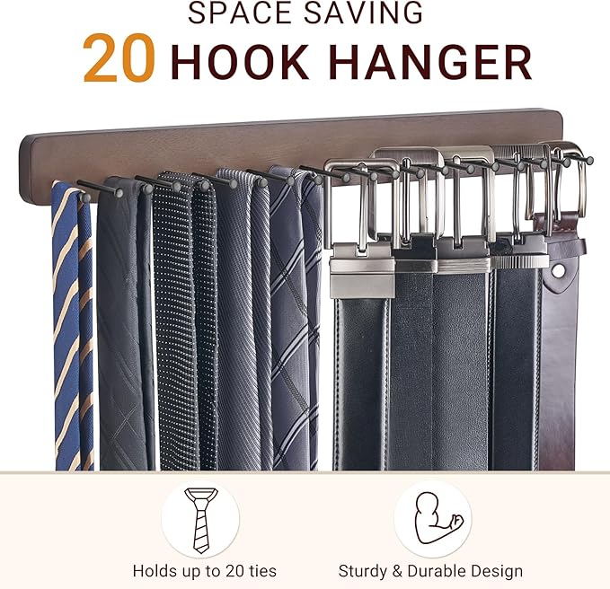 Mkono 2 Packs Tie Rack Wall Mounted Belt Hanger Holder Rustic Wood Tie Organizer for Men Closet Max up 20 Storage for Ties Belts Scarf