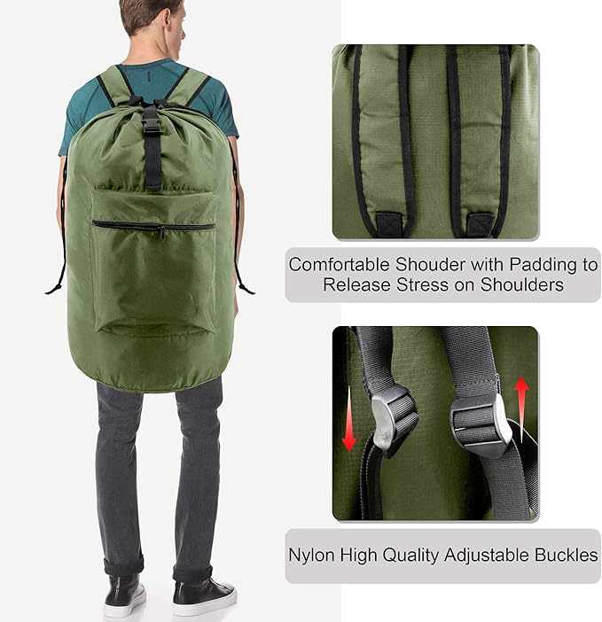 BeeGreen Moss Green Laundry Backpack Bag w Adjustable Shoulder Straps String Closure College Dorm Room Essentials Sturdy Laundry Hamper Portable w Handle XLarge Ripstop for Traveling
