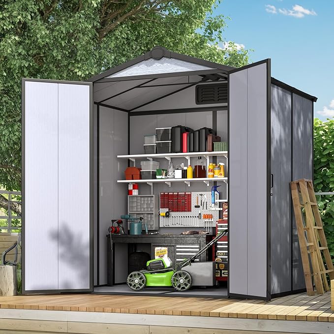 6x4 FT Resin Outdoor Storage Shed, All-Weather Plastic Garden Shed with Floor, Lockable Doors & Windows, Plastic Tool Shed for Poolside, Backyard, Patio