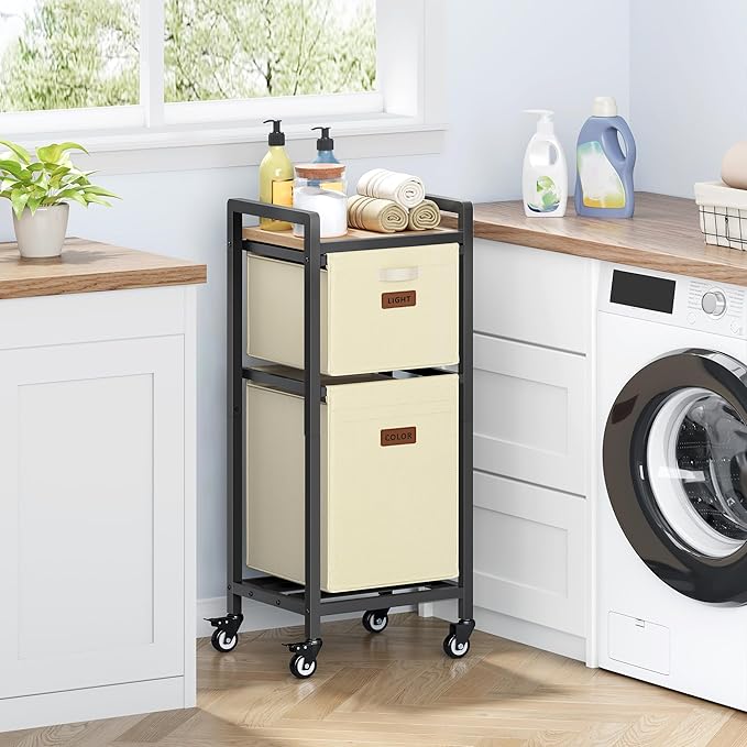 FAVOOSTY Laundry Hamper with Shelf, 70L Laundry Basket Organizer, Laundry Hamper with Shelf, 2 Section Laundry Sorter for Laundry Room Organization (White)
