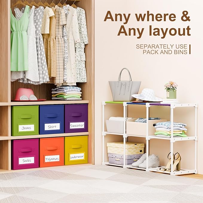 Geelin 6 Cube Toys Storage Organizer with Fabric Bins and Labels, 11 Inch Collapsible Cubby Storage Drawers Colorful Dresser with Shelf for Playroom Nursery Closet Bedroom Dorm Decor
