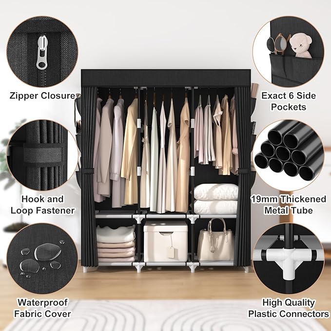 VTRIN Portable Closet for Hanging Clothes 52 Inch Wide Portable Wardrobe Closet with Cover, 6 Storage Shelves and 3 Hanging Rod, Diameter 19mm Metal Pipe, Sturdy Closet for Bedroom, Black