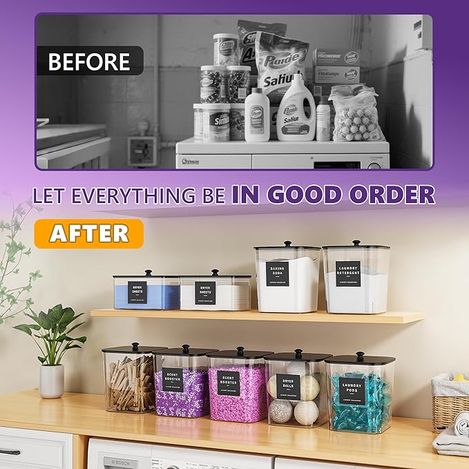 4 Pack Laundry Pods Container, Clear Laundry Room Organization Containers,Large Laundry Detergent Powder Storage Containers Black Wooden Lids & Labels, Acrylic Laundry Pods Holder for Scent Booster