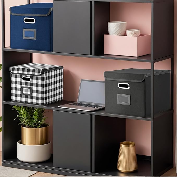 Collapsible File Box with Lid & Plastic Slide - Hanging Document Organizer for Office/Home, 14.96x12.6x10.83 Inch,Decorative Home File Bin,Blue, 1 Pack (No Folders Included)