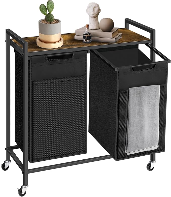 Laundry Sorter, Laundry Basket with 2 Pull-Out Removable Oxford Fabric Bags, 2 x 13.1 Gallons, Total 99L, Cloth Laundry Hamper with a Top Shelf 28.8"x13" (Black and Rust)