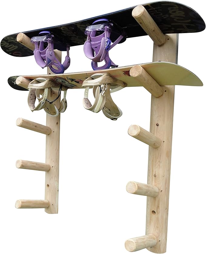 5-Place Wall-Mounted Skis/Snowboard Log Rack - Poles & Ski Wall Mount, Snowboards Wall Rack, Indoor & Outdoor Ski Holders for Walls, Hangers for Skis Indoor Storage - Natural
