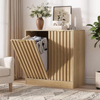 Double Tilt Out Laundry Hamper Cabinet, 11.8 Gallon Fluted Hidden Trash Cabinets with 2 Baskets for Bathroom Kitchen & Living Room, Freestanding Bathroom Storage Cabinet（Natural Oak）
