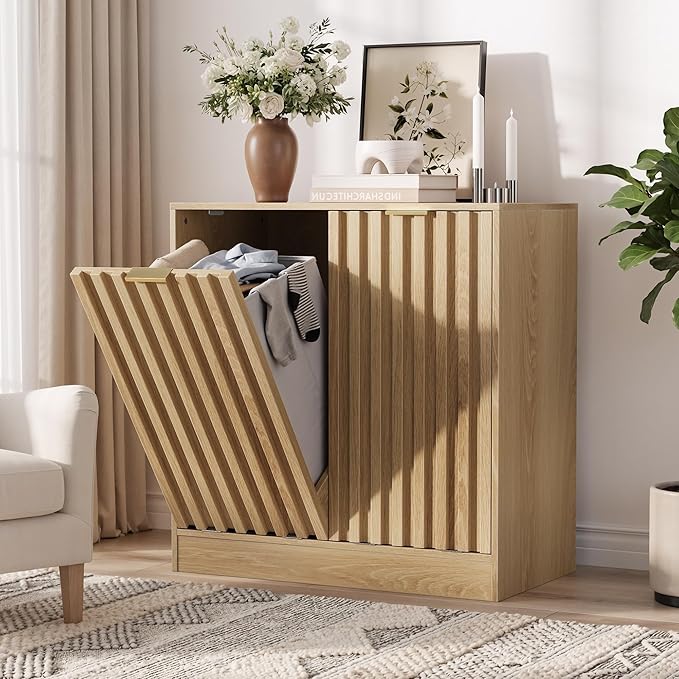 Double Tilt Out Laundry Hamper Cabinet, 11.8 Gallon Fluted Hidden Trash Cabinets with 2 Baskets for Bathroom Kitchen & Living Room, Freestanding Bathroom Storage Cabinet（Natural Oak）