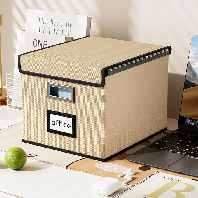 Huolewa File Organizer Box with Lid, Collapsible File Folder Organizer for Office Document Storage, Filing Box with Plastic Slide for Letter/Legal Size Hanging Files, Brown, 2 Pack