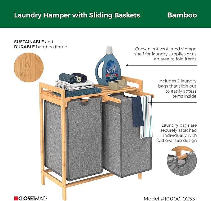 ClosetMaid Bamboo Laundry Hamper and Shelf, 2 Sliding Bag Sections, Laundry Sorter with Dual Compartments, Gray Bags, Natural Finish
