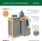ClosetMaid Bamboo Laundry Hamper and Shelf, 2 Sliding Bag Sections, Laundry Sorter with Dual Compartments, Gray Bags, Natural Finish