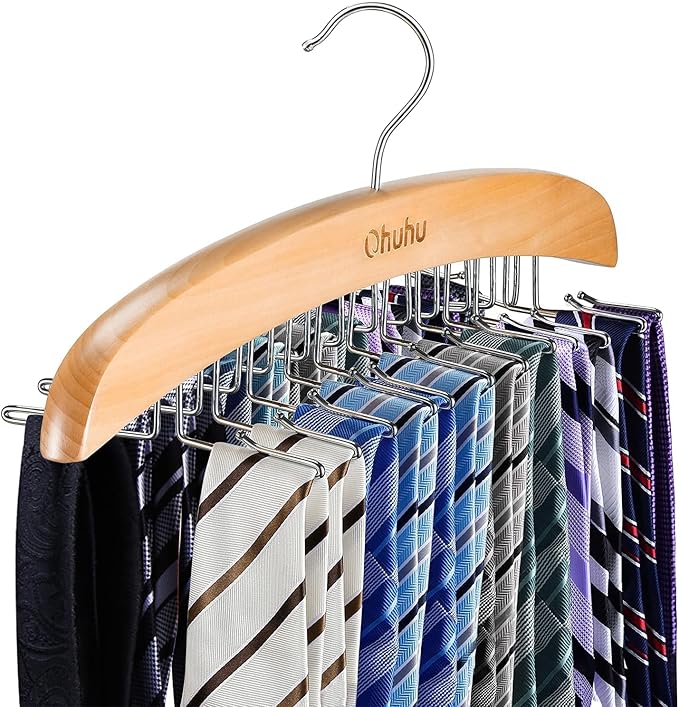 Ohuhu 24-Hook Wooden Tie Rack Organizer - Space Saving Closet Hanger with 360° Rotating Hooks, Anti-Slip Clips for Ties, Belts, Scarves - Premium Hardwood & Rustproof Steel Construction