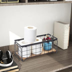 Metal Wire Storage Basket, Toilet Paper Roll Holder Wood Base Countertop Decor Box Toilet Tank Shelf Cabinet Organizer for Bathroom Pantry Garage Bedroom Livingroom - Black
