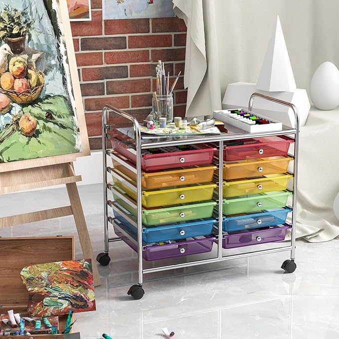GOFLAME 12-Drawer Rolling Storage Cart, Multifunctional Art Craft Organizer Cart, Mobile Utility Storage Cart with Removable Drawers & Lockable Wheels, Craft Cart for Home Office School, Rainbow
