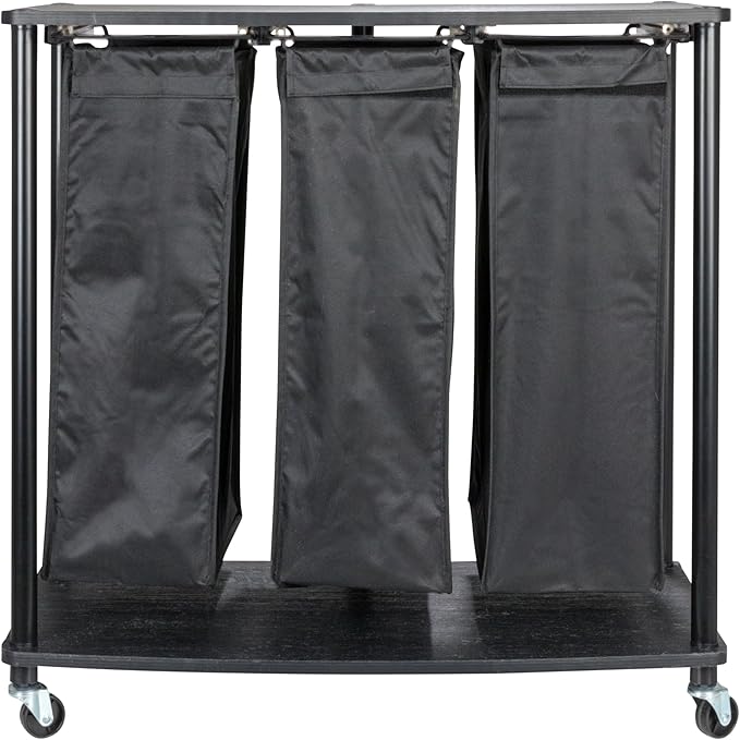 Household Essentials 3-Bag Laundry Sorter, Smooth Laminate Shelving, Sturdy Steel Frame, Wheeling and Stationary Feet Options, Washable Linen Laundry Bags, 3-Load Capacity, Versatile, Black