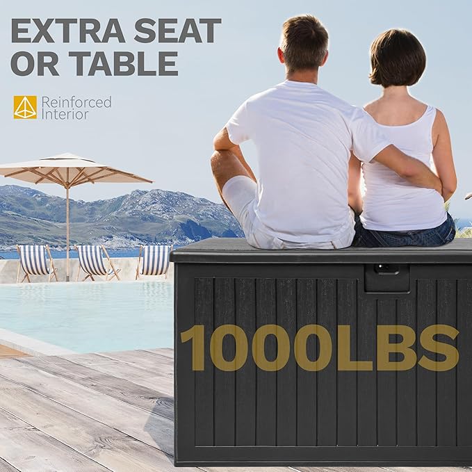 DWVO 230 Gallon Resin Outdoor Storage Box, XXL Double-Wall Waterproof Deck Box with Divider, Doubles as Table or Seating with 1000 lbs Capacity, Lockable (Black)