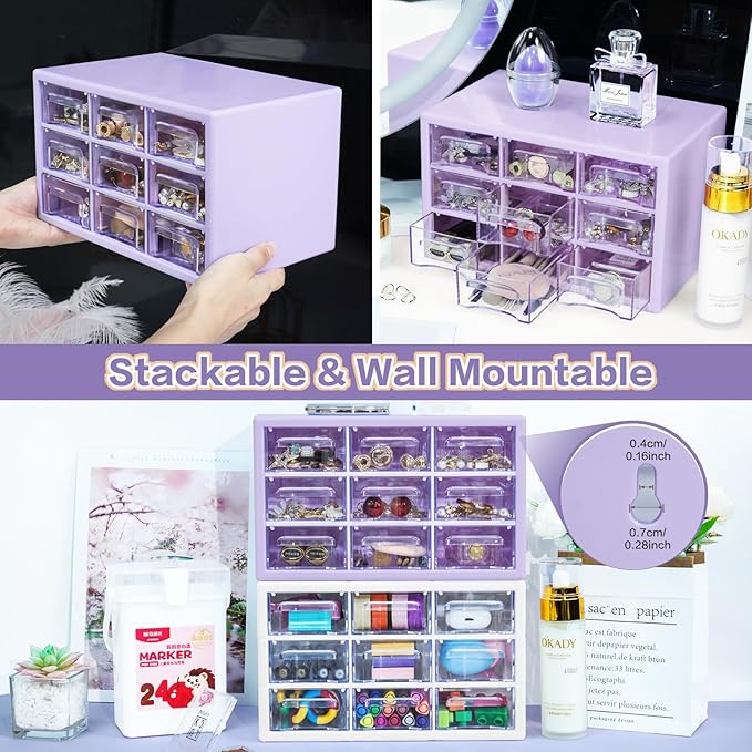 Desk Storage Organizer with 9 Drawers, Clear Plastic Storage Cabinet, Stackable Desk Storage Box for Makeup Office Craft Hardware Art Supplies,9.8x6.3x5.9inch(Purple)