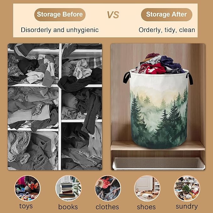 Large Laundry Basket,Green Forest Collapsible Laundry Baskets,Misty Mountains Waterproof Oxford Hamper with Handles for Bathroom Bedroom Nursery Home Storage 16"x20"